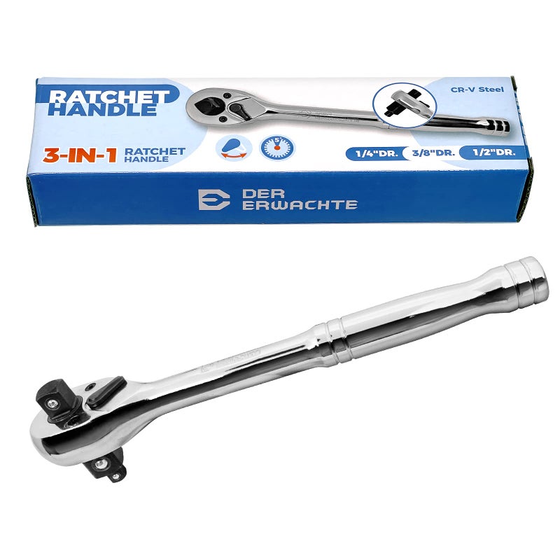 DER ERWACHTE 3-IN-1 Ratchet Handle  1/4""  3/8""  1/2""  Ratchet Wrench  Socket Wrench  72-Tooth  Reversible Switch  Full-Polished Chrome Plating  Chromium Vanadium Steel - Image 1